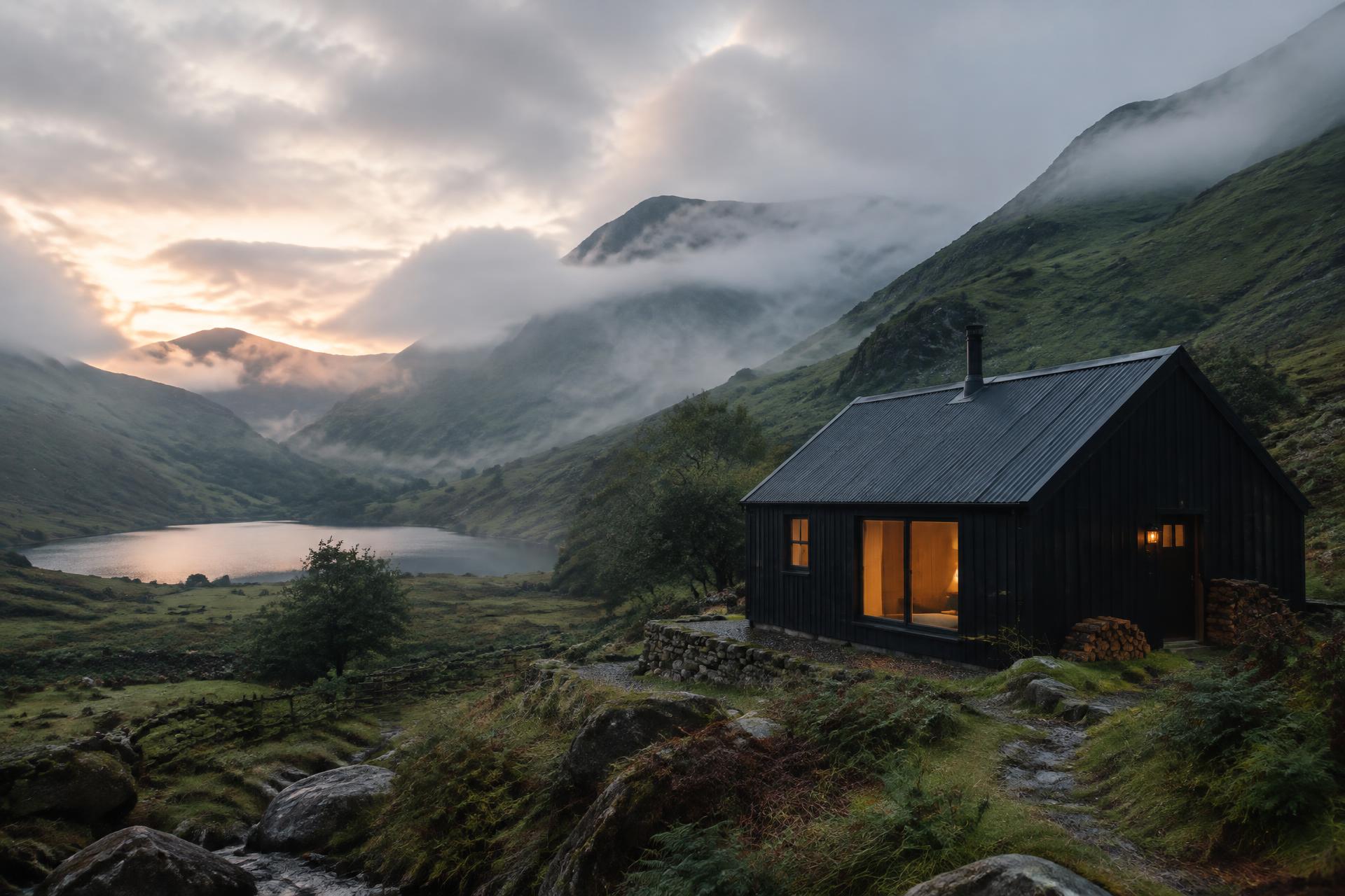 Placeholder image of a secluded cabin in a misty Welsh valley